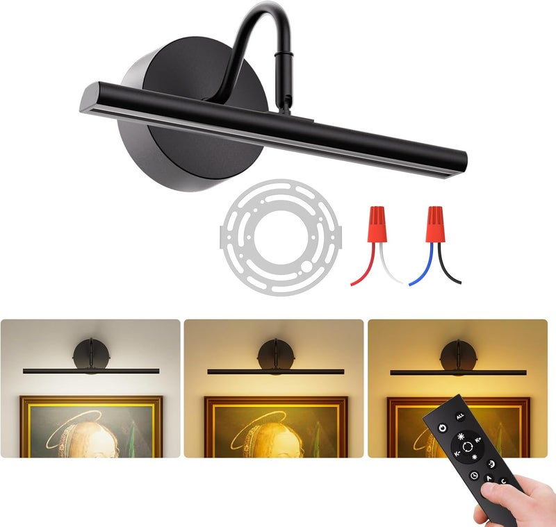 Denlead Hardwired Picture Light 12" LED Wall Art Light with Remote, 3CCT Dimmable Picture Lights for Wall, Gallery Art Lamp for Paintings Poster Light, 2700K-6500K Warm Nature White, 12W, Black - Image 1